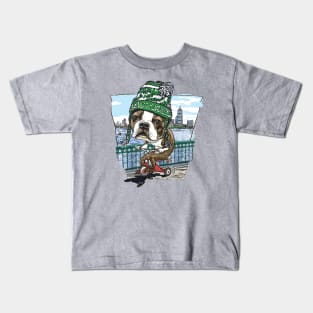 Boston Terrier Dog with Green, White and Black Winter Beanie Kids T-Shirt